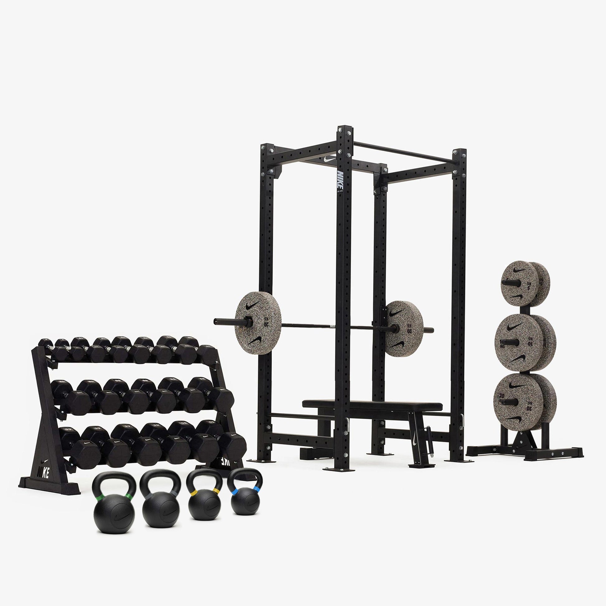 Nike Squat Cage / Black/White Dumbbells + Nike Grind Plates / 20 kg Black ("Just Do It")