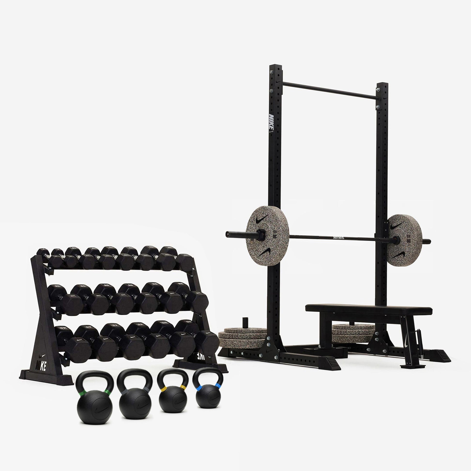 Nike Squat Rack / Black/White Dumbbells + Nike Grind Plates / 20 kg Black ("Just Do It")