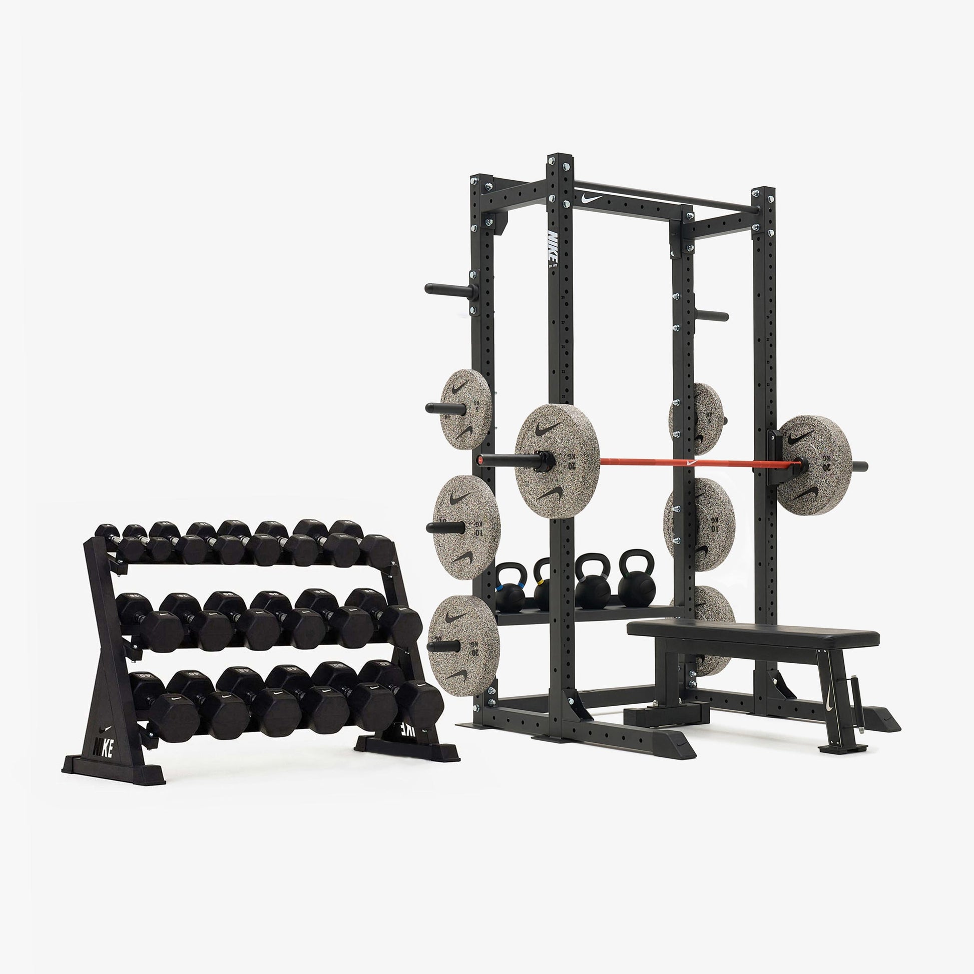 Nike Half Rack / Black/White Dumbbells + Nike Grind Plates / 20 kg Orange SWOOSH