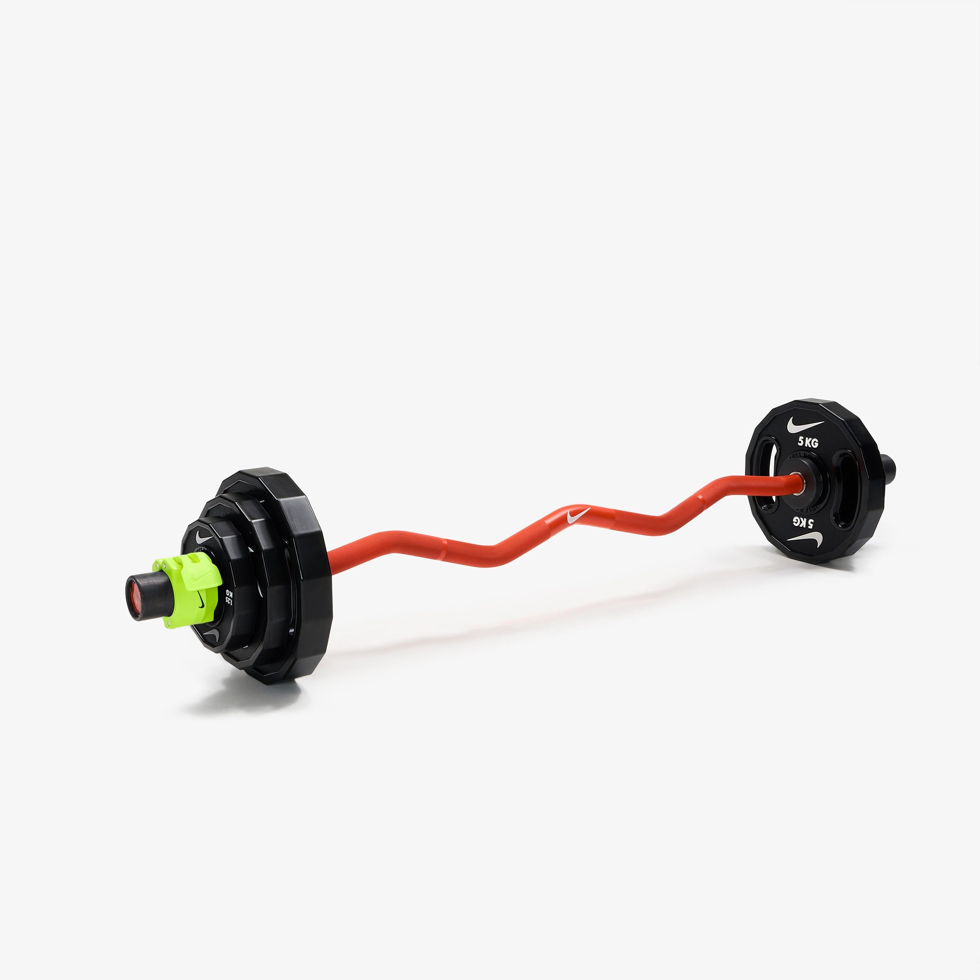 Nike Strength Shield Curl Bar - Orange SWOOSH / Nike Strength Pro Urethane Plates (1.25 - 5 kg pairs) / Volt