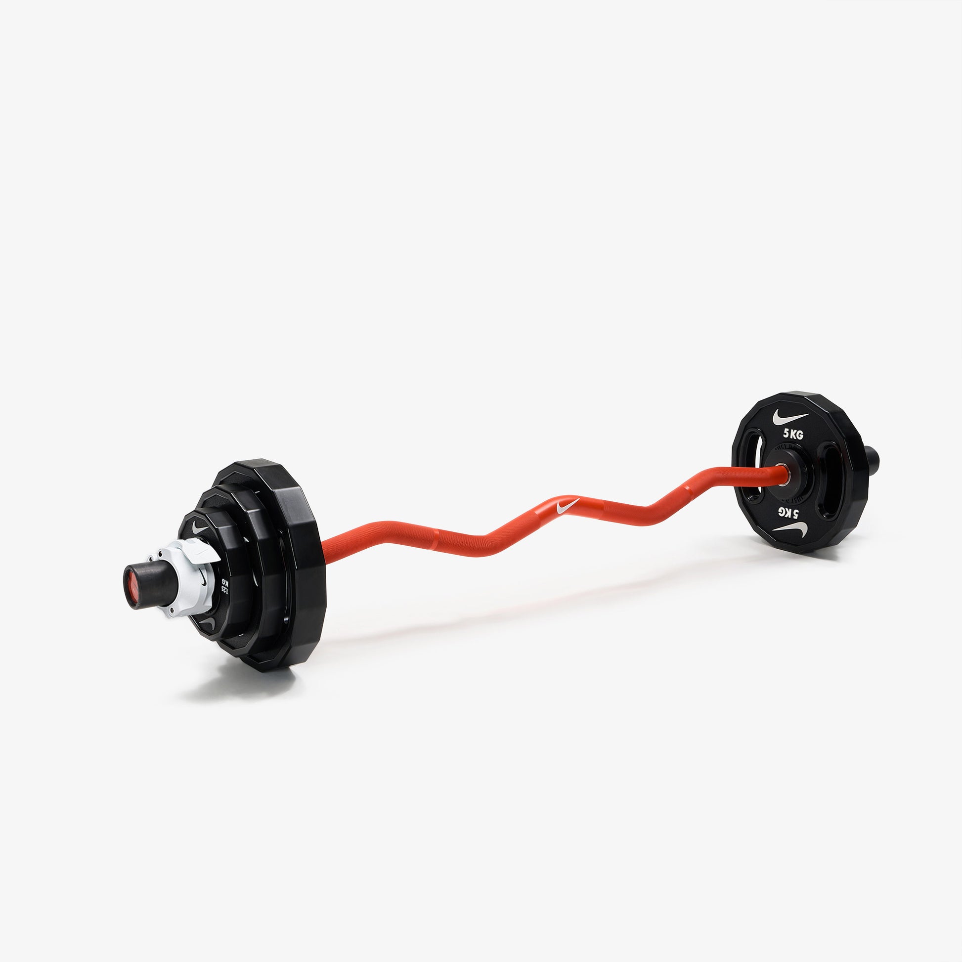 Nike Strength Shield Curl Bar - Orange SWOOSH / Nike Strength Pro Urethane Plates (1.25 - 5 kg pairs) / White/Black