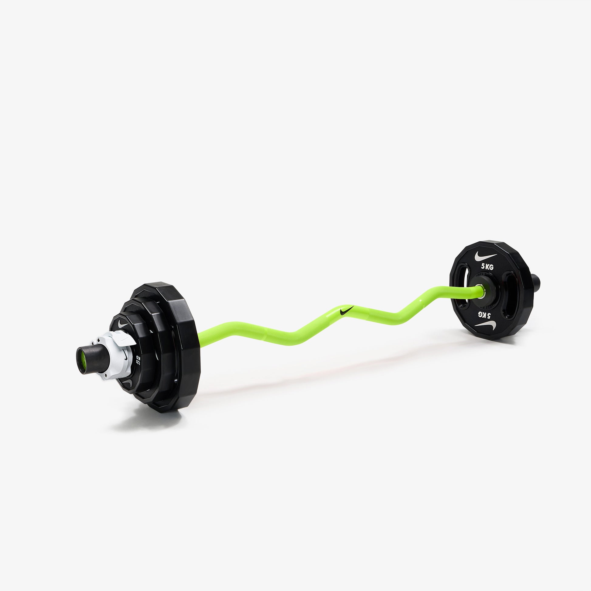Nike Strength Shield Curl Bar - Volt Swoosh / Nike Strength Pro Urethane Plates (1.25 - 5 kg pairs) / White/Black