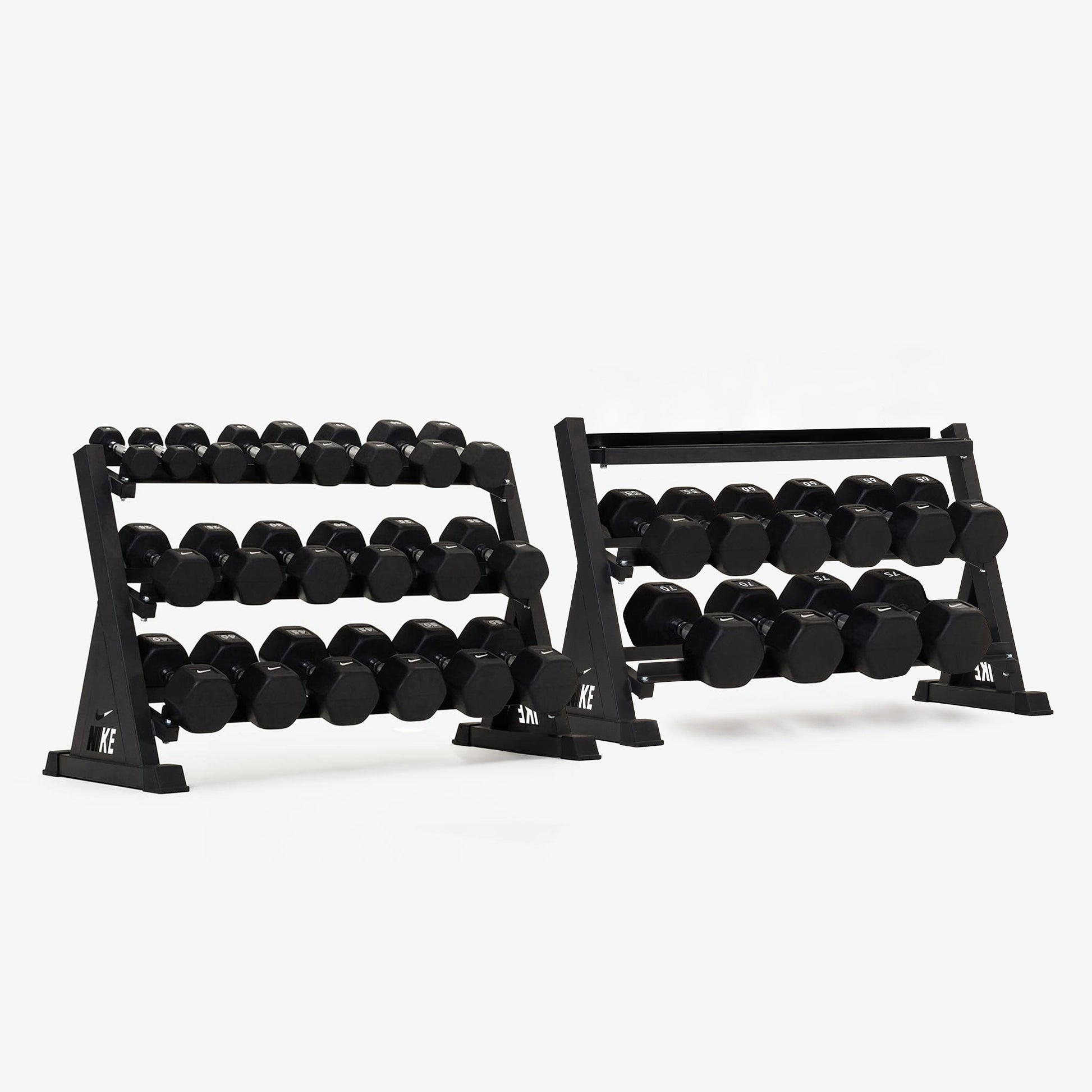 Black/White Dumbbells / Nike Grind Bumper Plates / Nike Strength Shield Barbell 20 kg - Orange Swoosh
