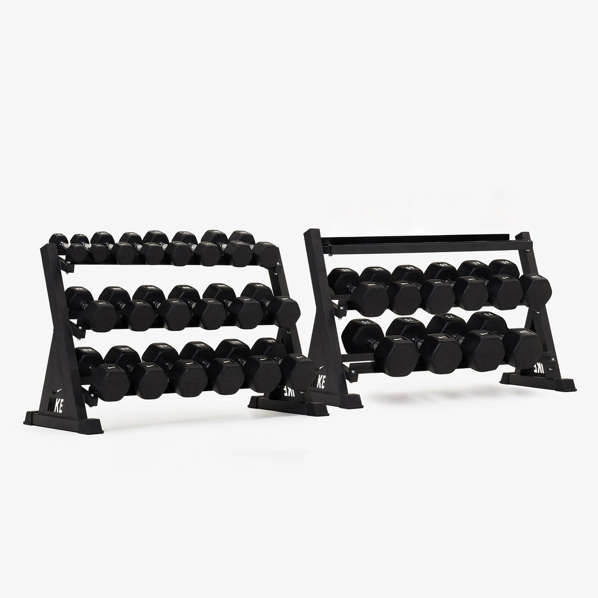 Black/White Dumbbells / Nike Black Bumper Plates / Nike Strength Shield Barbell 20 kg - Orange Swoosh