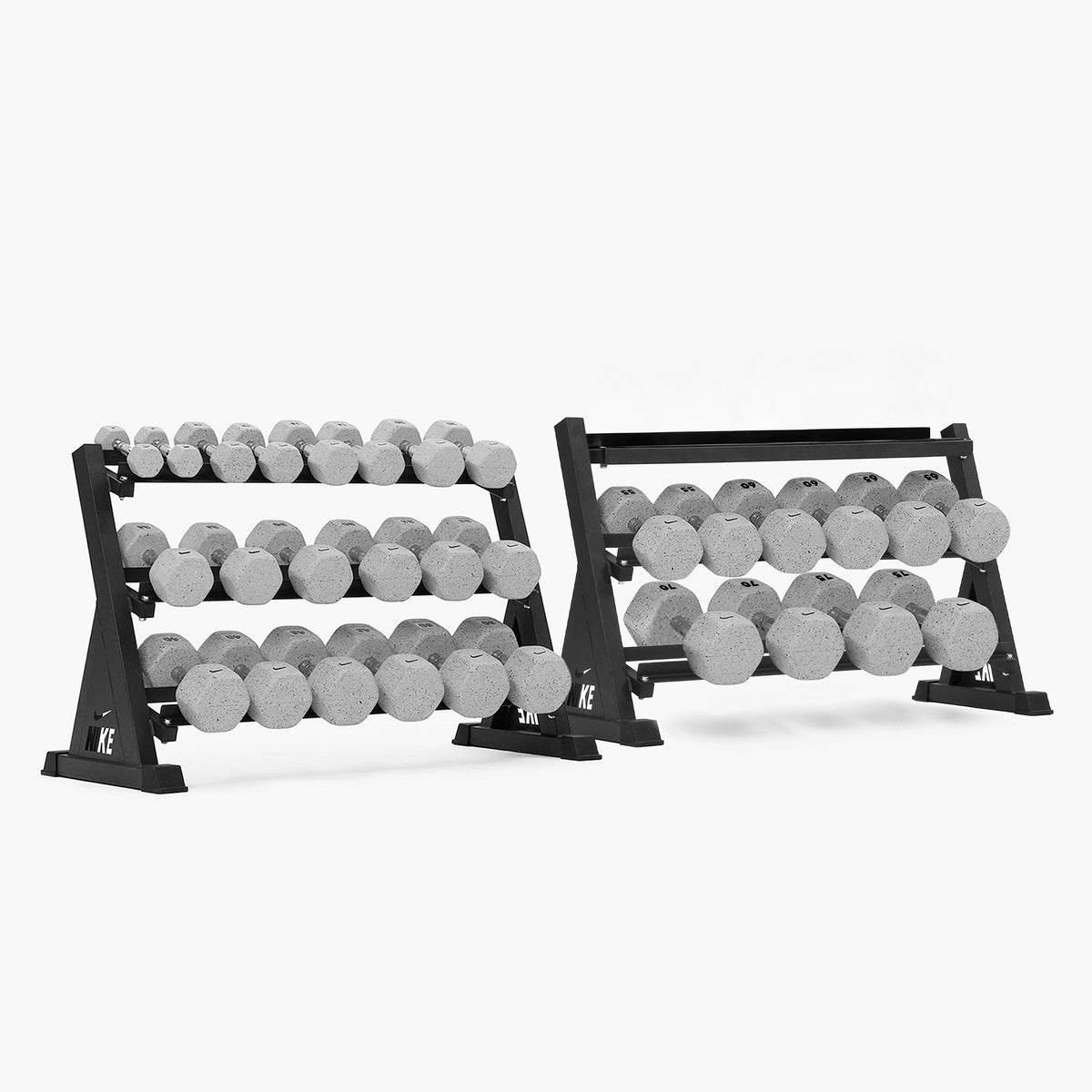 Nike Grind Dumbbells / Nike Black Bumper Plates / Nike Strength Shield Barbell 15 kg - Orange Swoosh