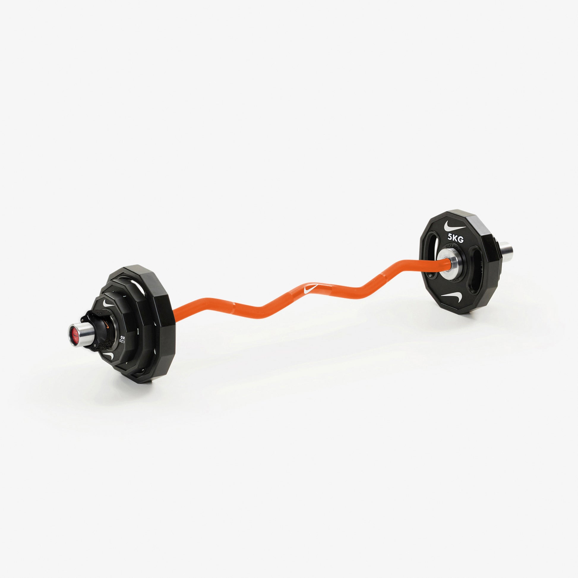 Nike Strength Shield Curl Bar - Orange SWOOSH / Nike Strength Pro Urethane Plates (1.25 - 5 kg pairs) / White/Orange