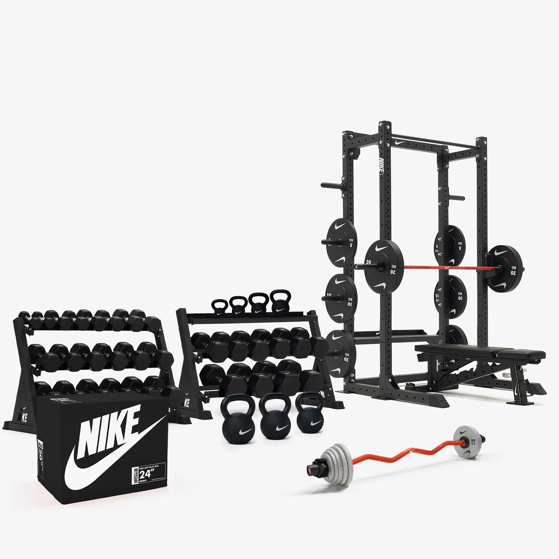 Black/White Dumbbells / Nike Black Bumper Plates / Nike Strength Shield Barbell 15 kg - Orange Swoosh