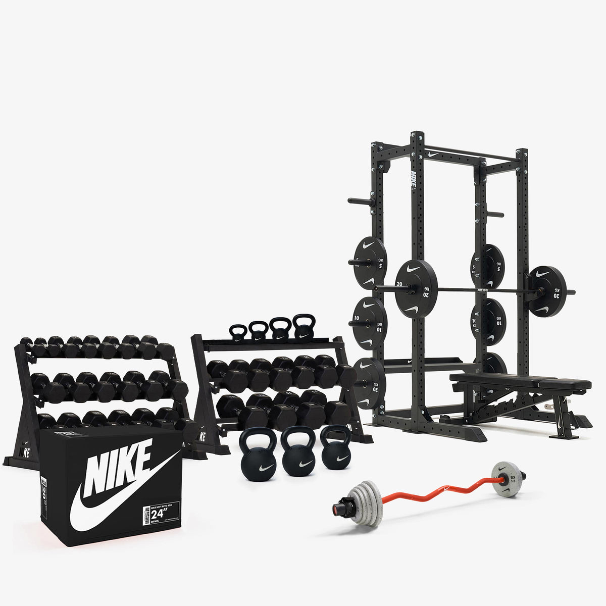 Black/White Dumbbells / Nike Black Bumper Plates / Nike Strength Shield Barbell 20 kg - Black ("Just Do It")
