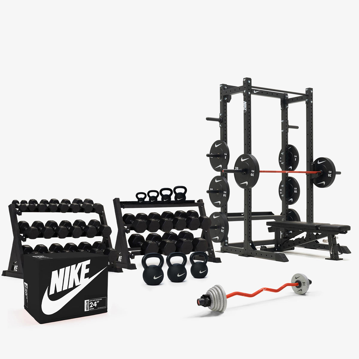 Black/White Dumbbells / Nike Black Bumper Plates / Nike Strength Shield Barbell 20 kg - Orange Swoosh