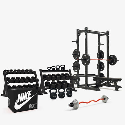 Black/White Dumbbells / Nike Black Bumper Plates / Nike Strength Shield Barbell 20 kg - Orange Swoosh
