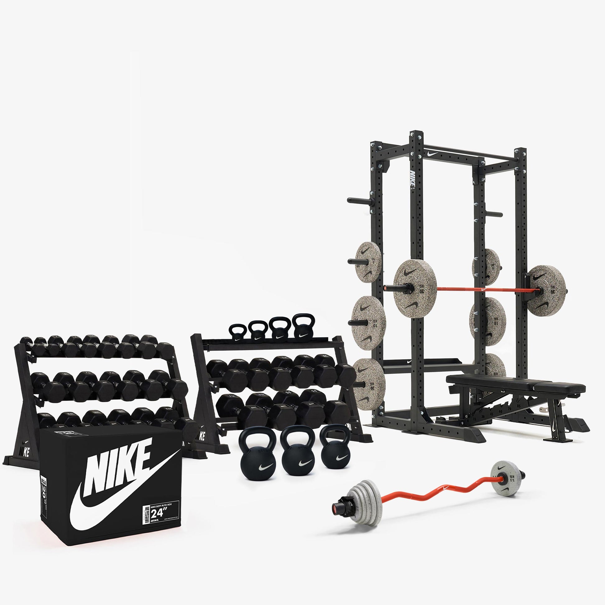 Black/White Dumbbells / Nike Grind Bumper Plates / Nike Strength Shield Barbell 15 kg - Orange Swoosh