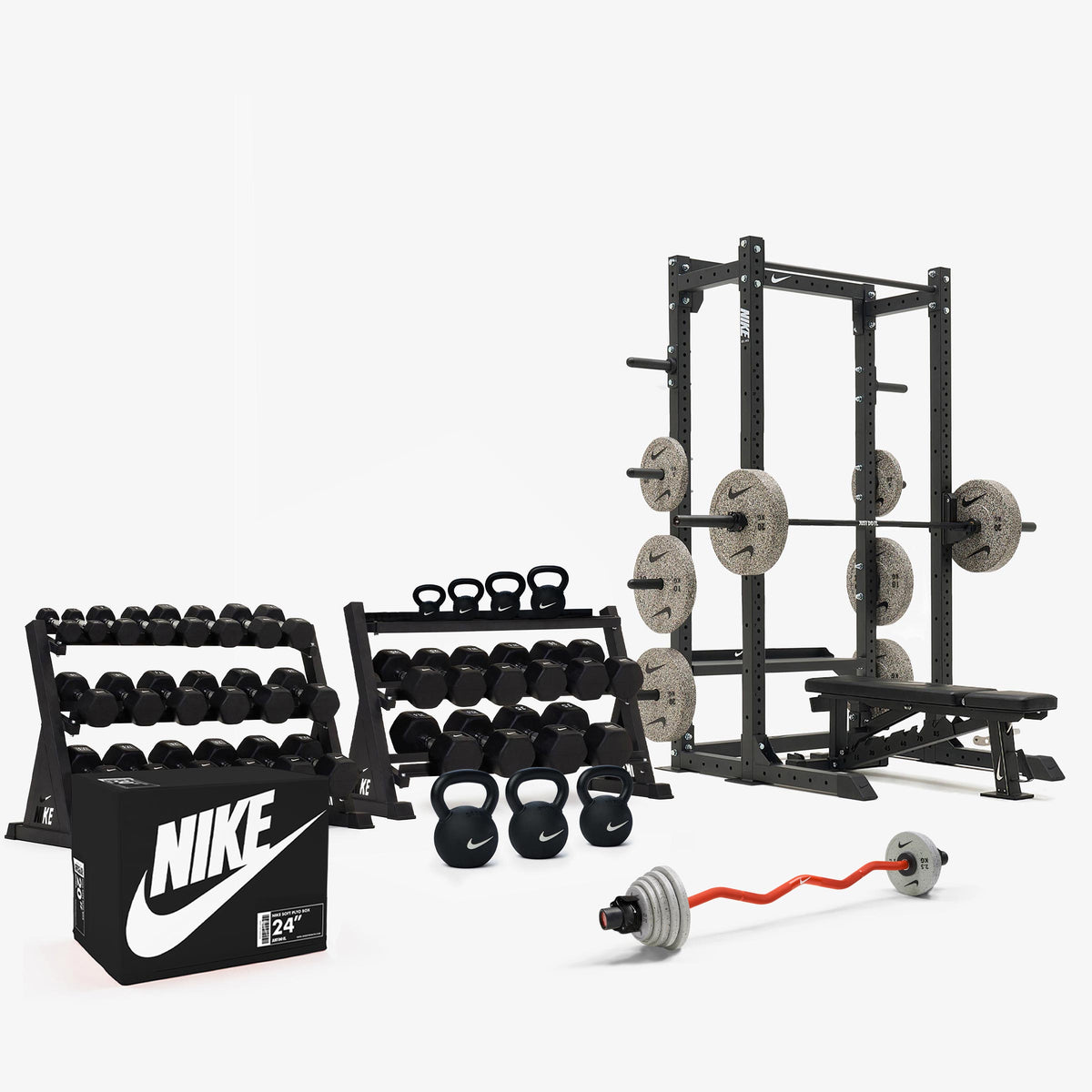Black/White Dumbbells / Nike Grind Bumper Plates / Nike Strength Shield Barbell 20 kg - Black ("Just Do It")