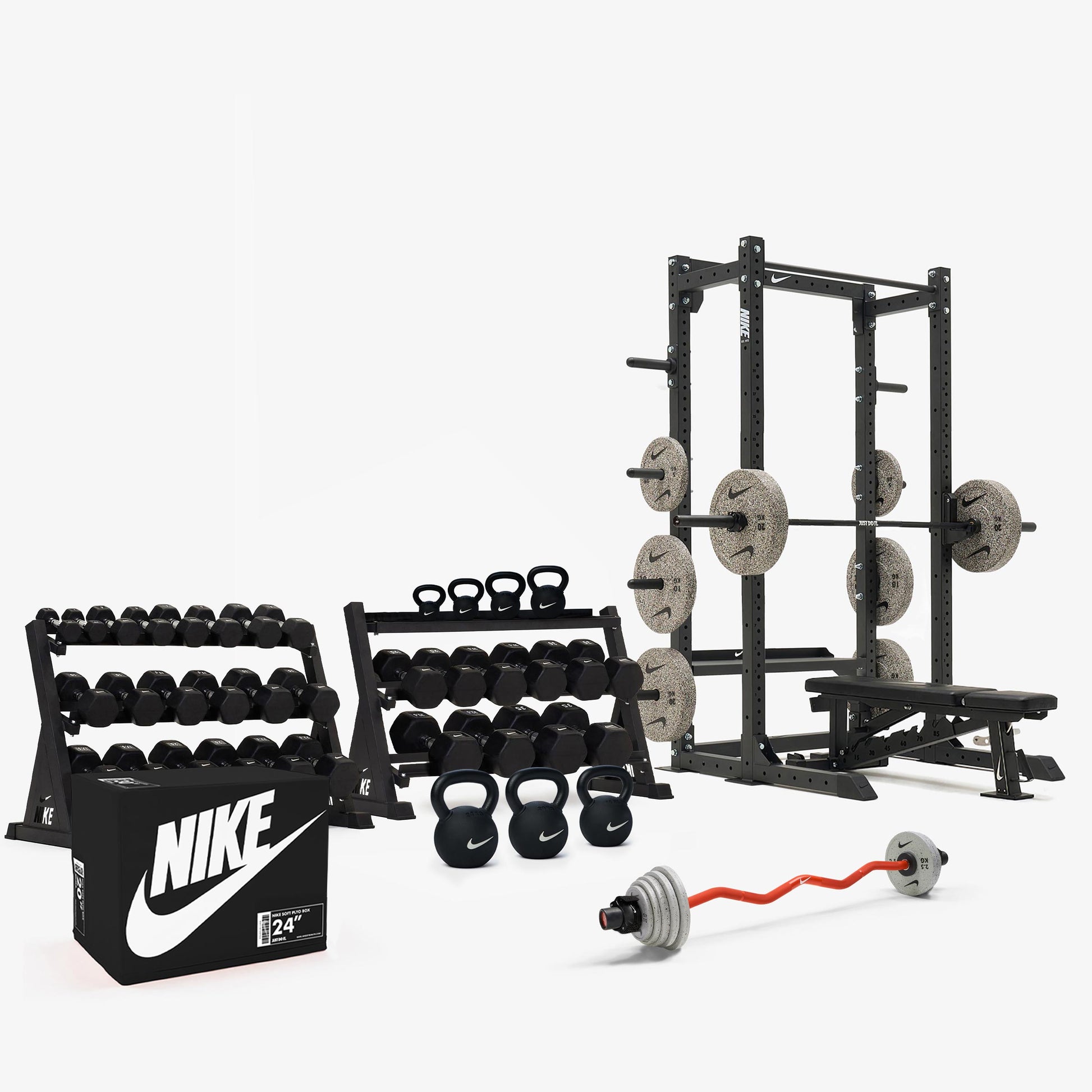 Black/White Dumbbells / Nike Grind Bumper Plates / Nike Strength Shield Barbell 20 kg - Black ("Just Do It")