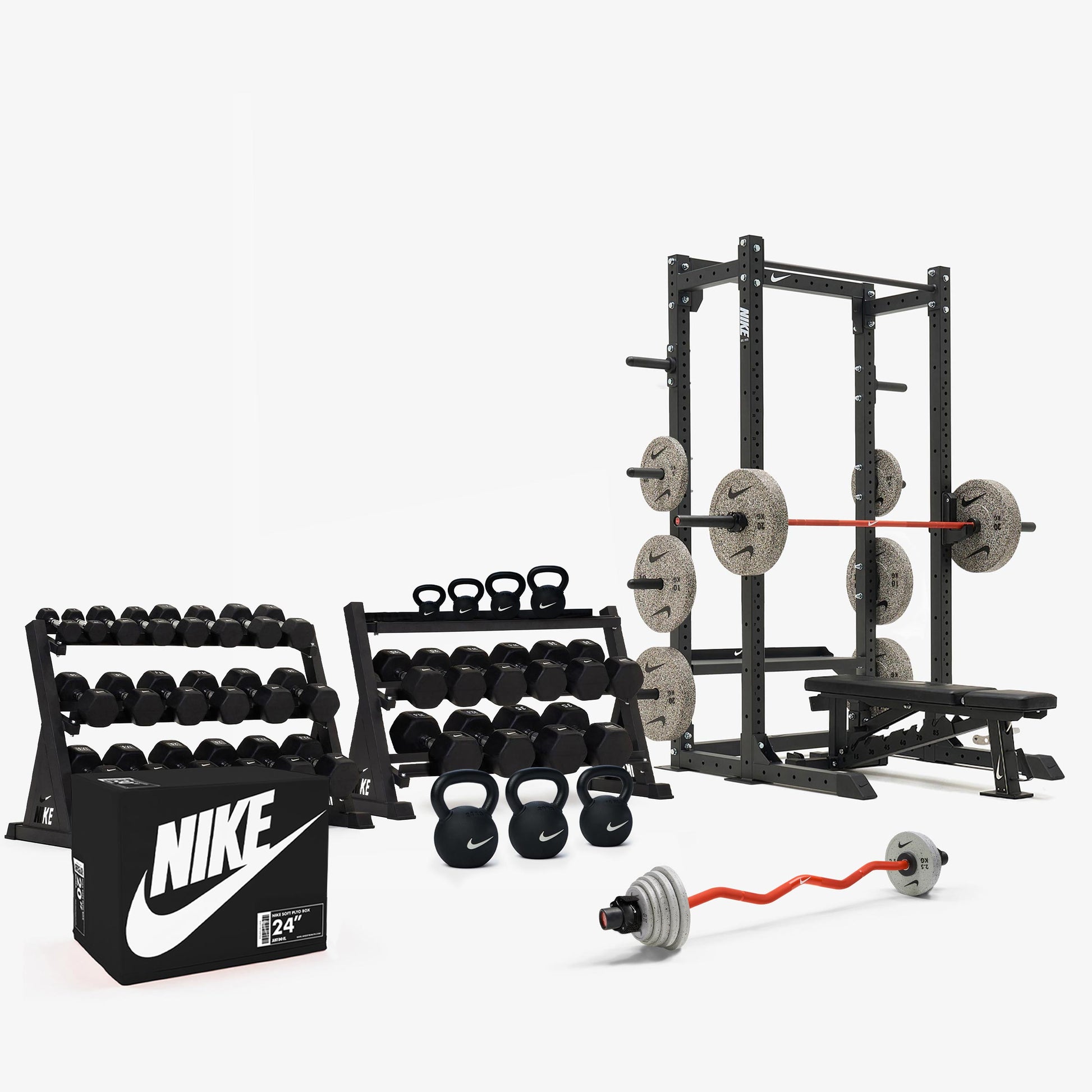 Black/White Dumbbells / Nike Grind Bumper Plates / Nike Strength Shield Barbell 20 kg - Orange Swoosh