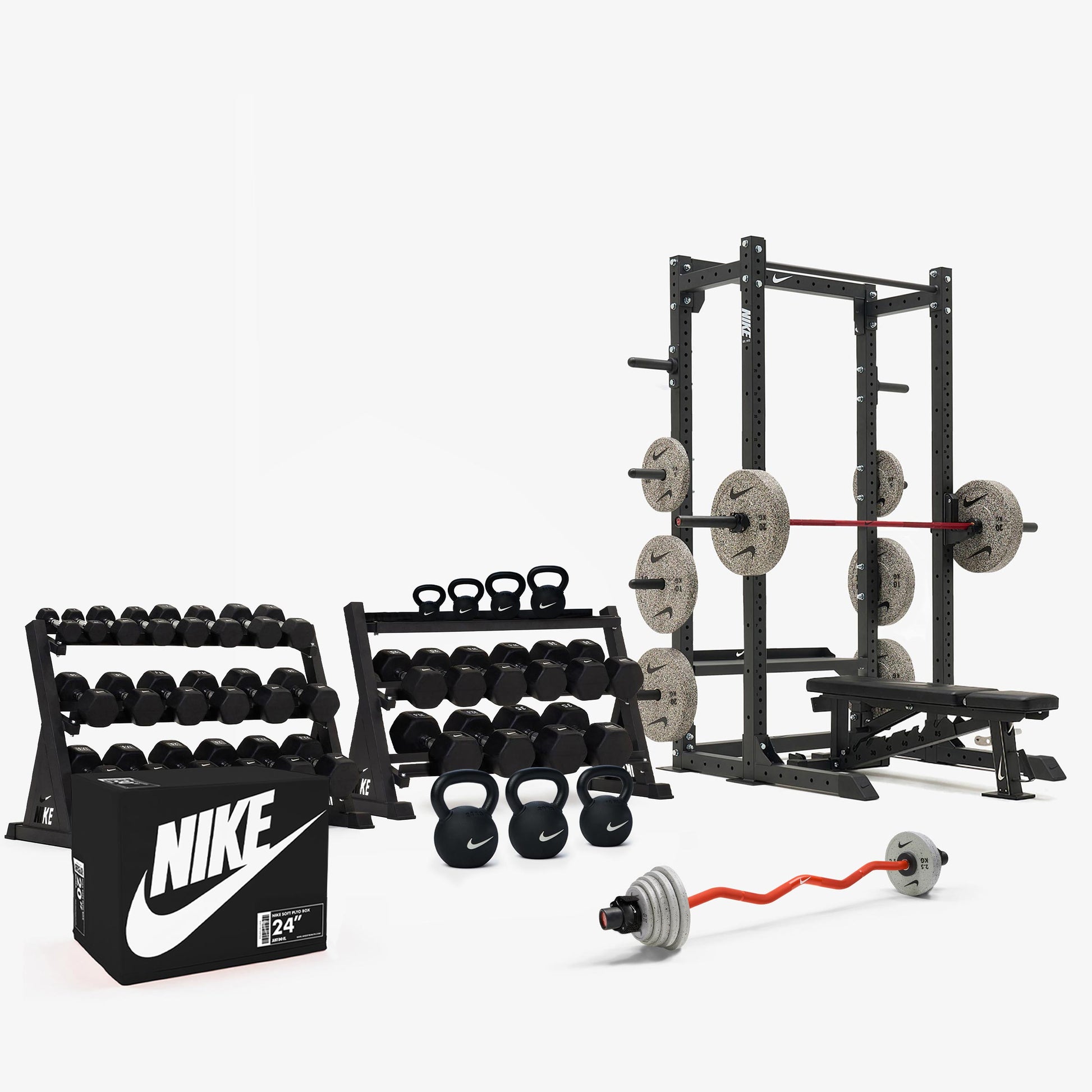 Black/White Dumbbells / Nike Grind Bumper Plates / Nike Strength Shield Barbell 20 kg - Red Swoosh