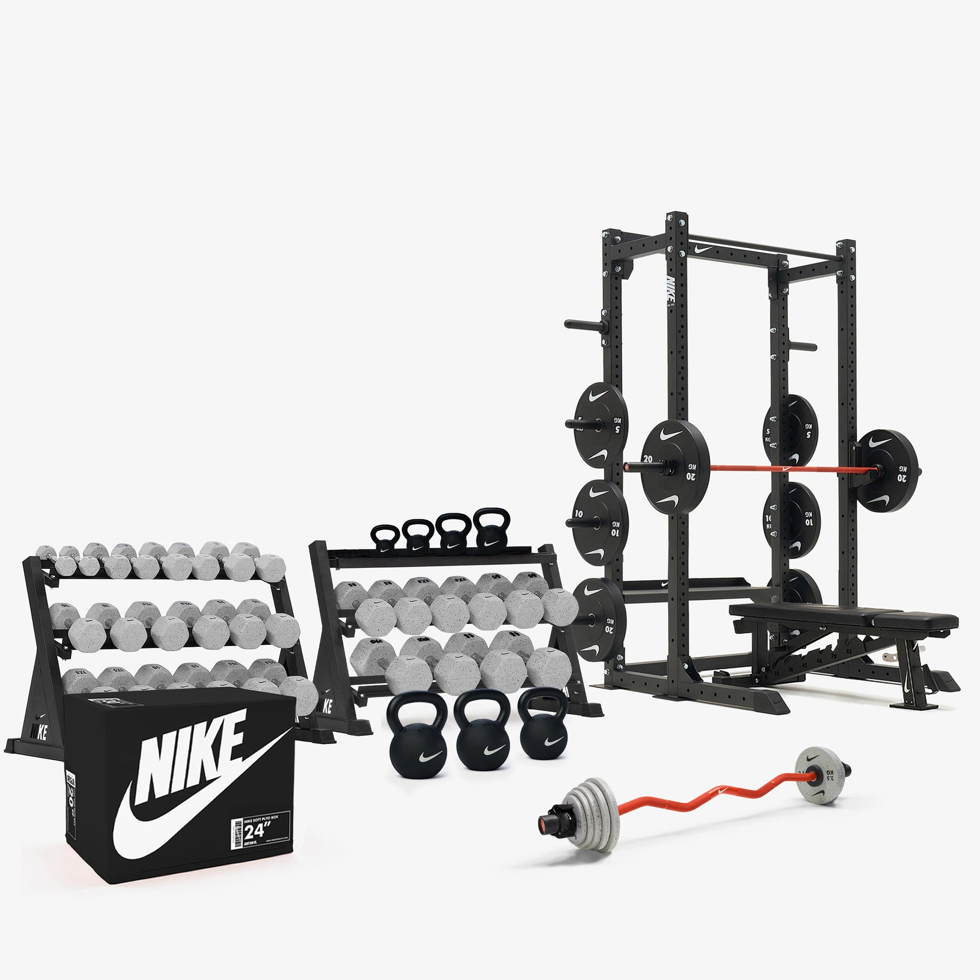 Nike Grind Dumbbells / Nike Black Bumper Plates / Nike Strength Shield Barbell 15 kg - Orange Swoosh