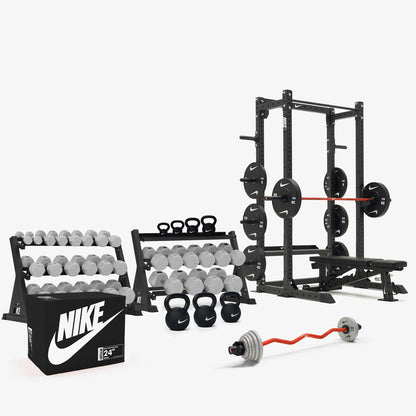 Nike Grind Dumbbells / Nike Black Bumper Plates / Nike Strength Shield Barbell 15 kg - Orange Swoosh
