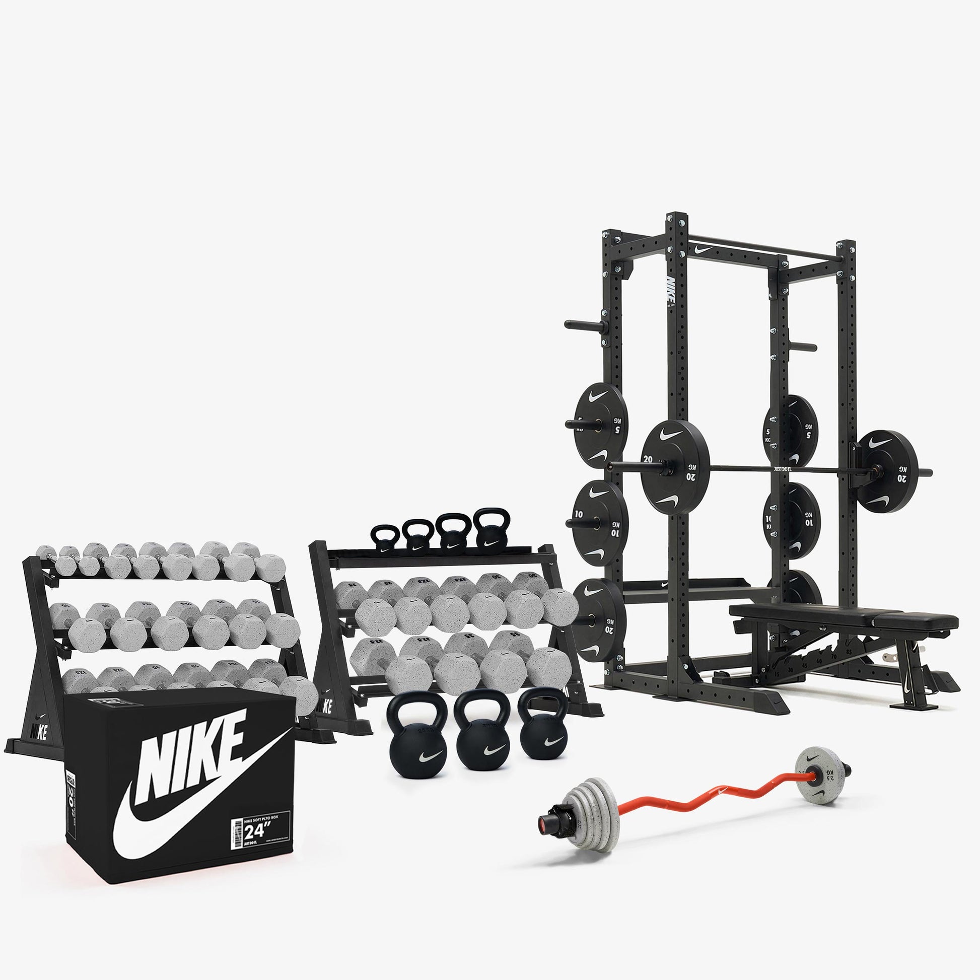 Nike Grind Dumbbells / Nike Black Bumper Plates / Nike Strength Shield Barbell 20 kg - Black ("Just Do It")