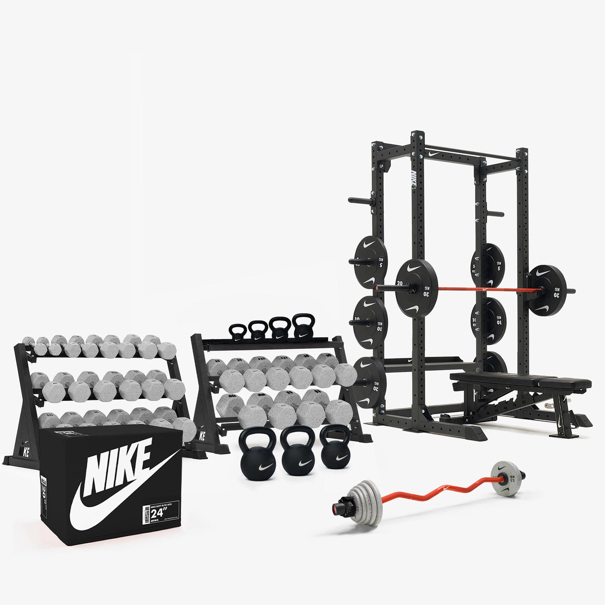 Nike Grind Dumbbells / Nike Black Bumper Plates / Nike Strength Shield Barbell 20 kg - Orange Swoosh