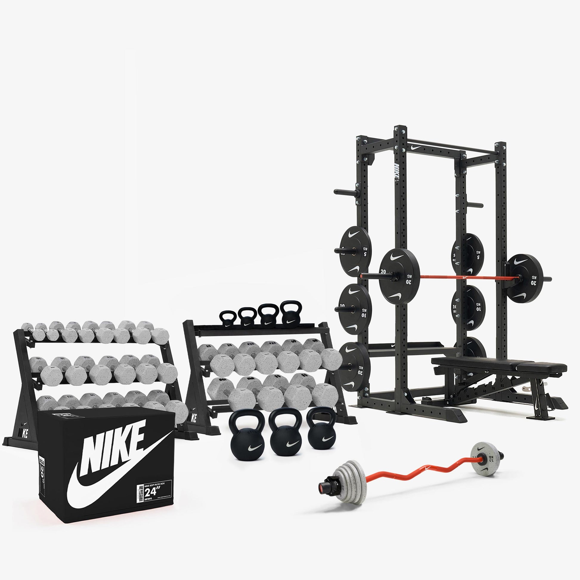 Nike Grind Dumbbells / Nike Black Bumper Plates / Nike Strength Shield Barbell 20 kg - Orange Swoosh