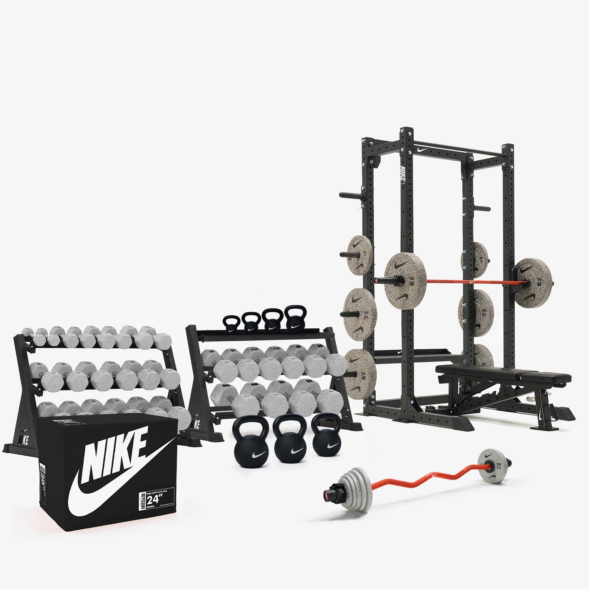 Nike Grind Dumbbells / Nike Grind Bumper Plates / Nike Strength Shield Barbell 15 kg - Orange Swoosh