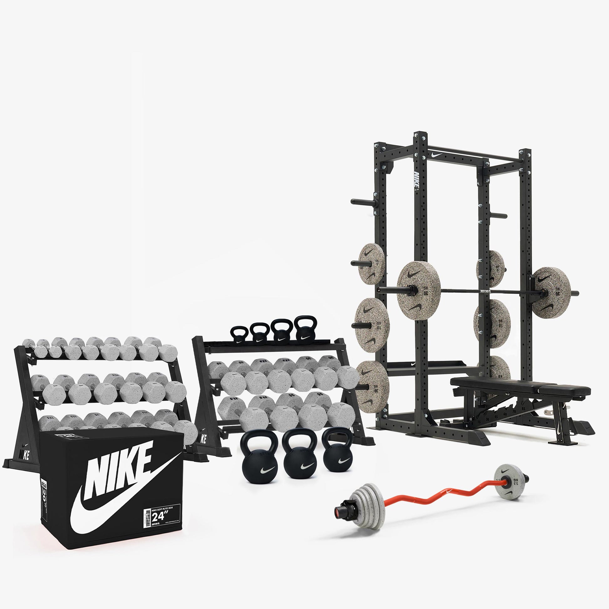 Nike Grind Dumbbells / Nike Grind Bumper Plates / Nike Strength Shield Barbell 20 kg - Black ("Just Do It")