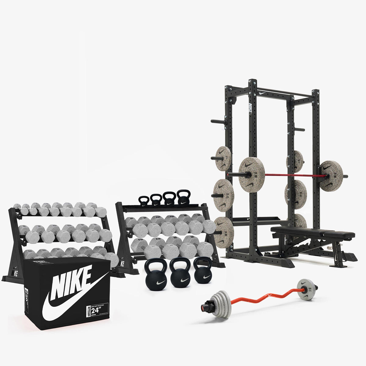 Nike Grind Dumbbells / Nike Grind Bumper Plates / Nike Strength Shield Barbell 20 kg - Red Swoosh