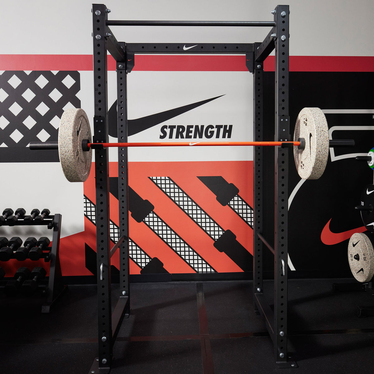 Nike squat cage with Nike coated premium barbell 15kg and Nike Rubber Bumper Plate (Grind)