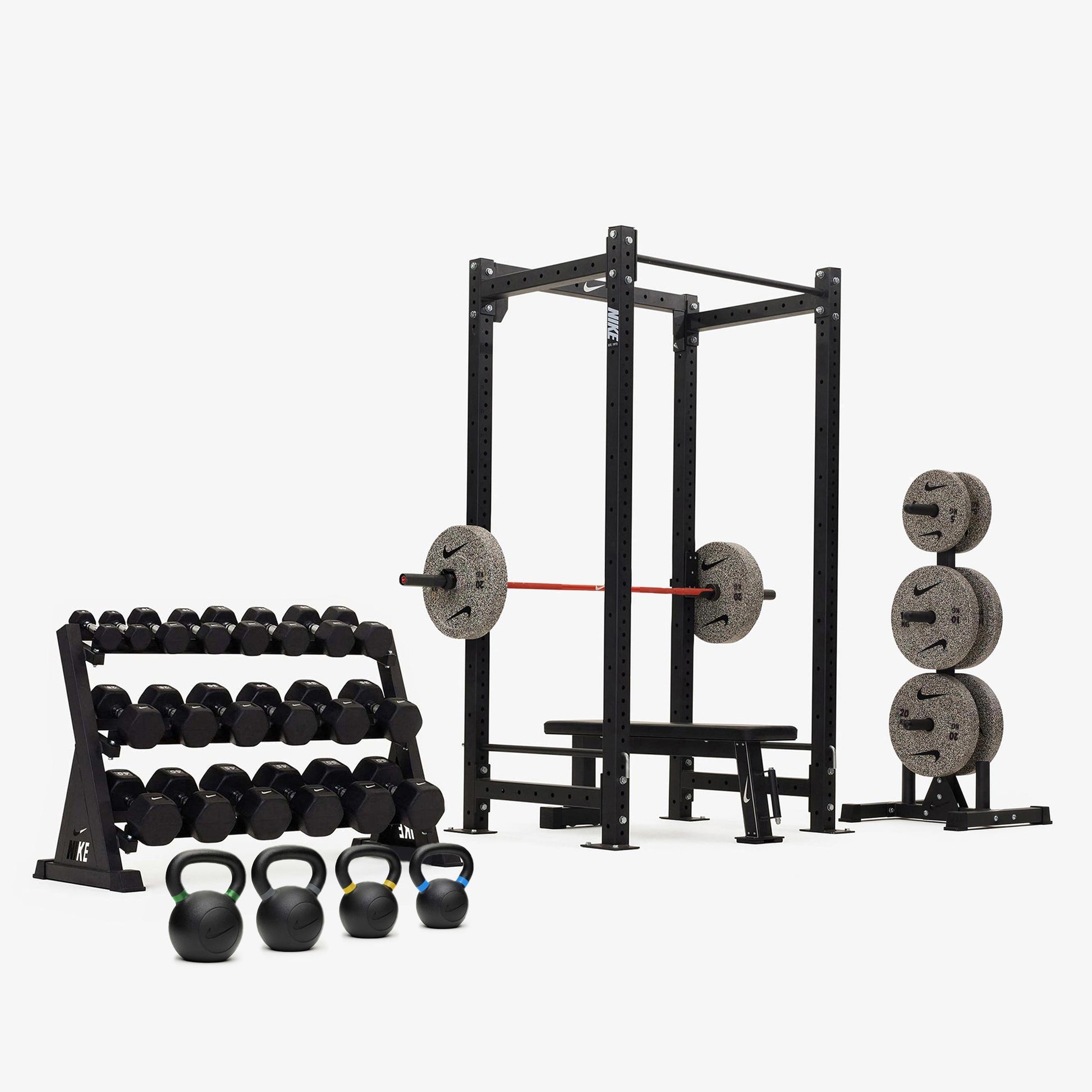 Nike Squat Cage / Black/White Dumbbells + Nike Grind Plates / 15 kg Orange SWOOSH