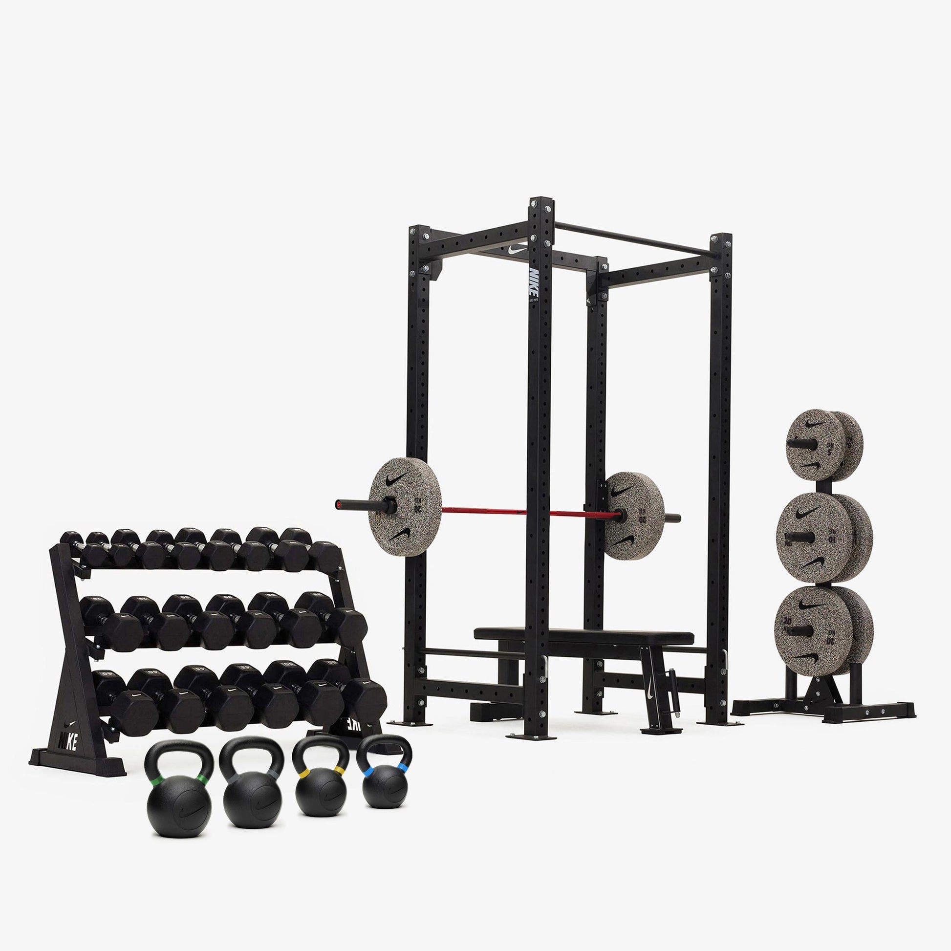Nike Squat Cage / Black/White Dumbbells + Nike Grind Plates / 20 kg Red SWOOSH