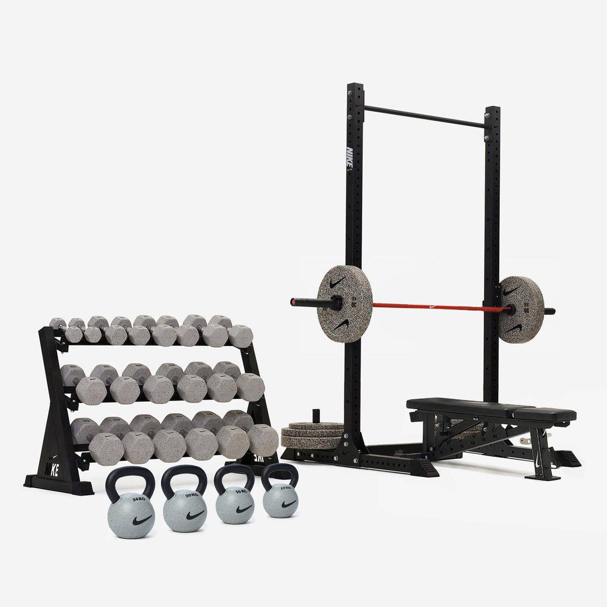Nike Squat Rack / Nike Grind Dumbbells + Plates / 20 kg Orange SWOOSH