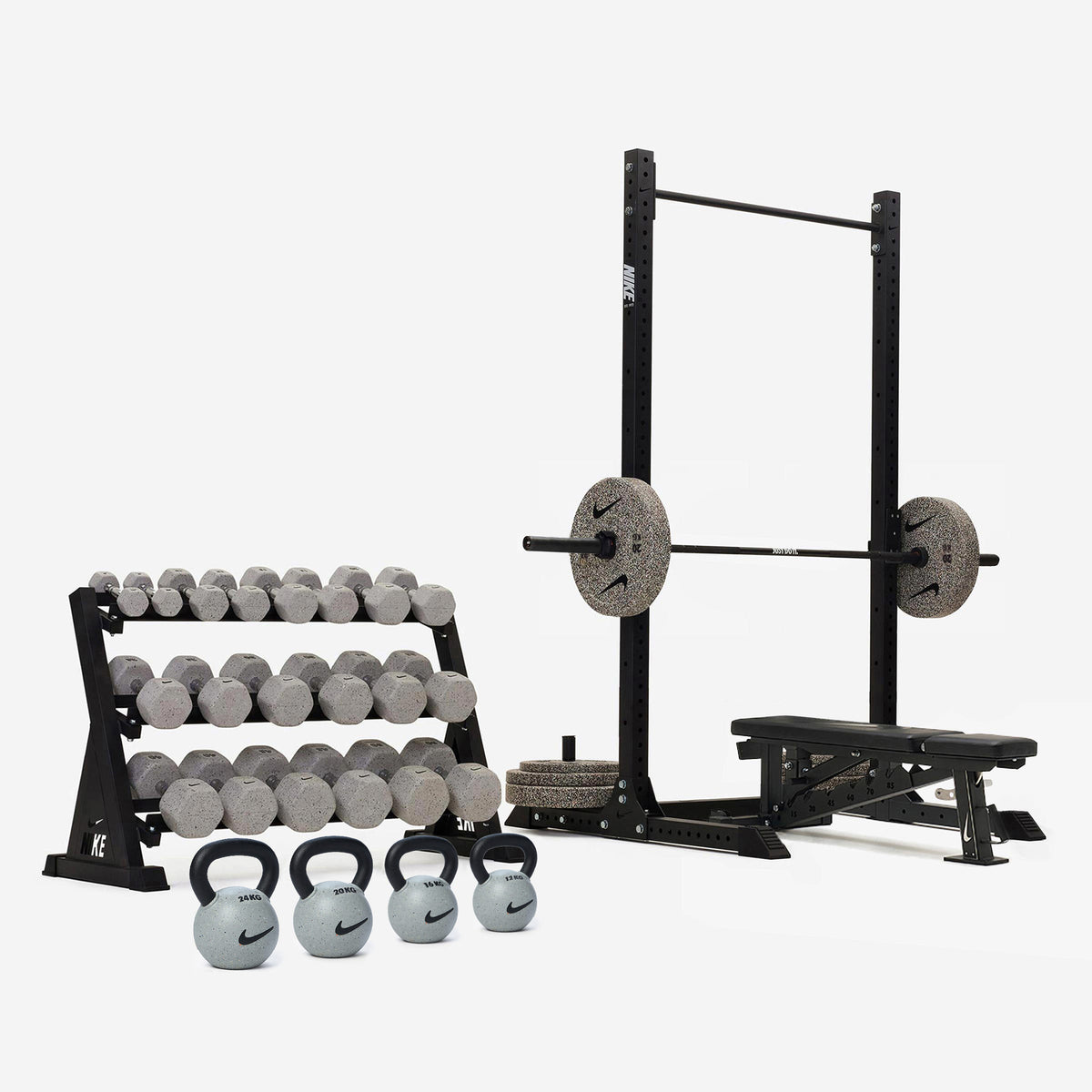 Nike Squat Rack / Nike Grind Dumbbells + Plates / 20 kg Black ("Just Do It")