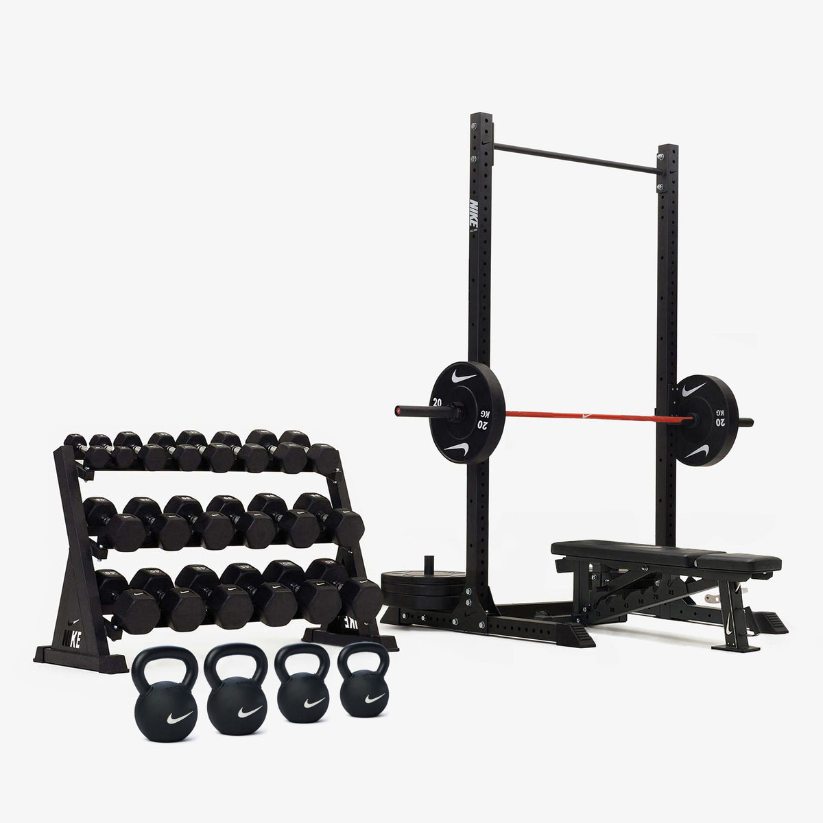 Nike Squat Rack / Black/White Dumbbells + Plates / 20 kg Orange SWOOSH