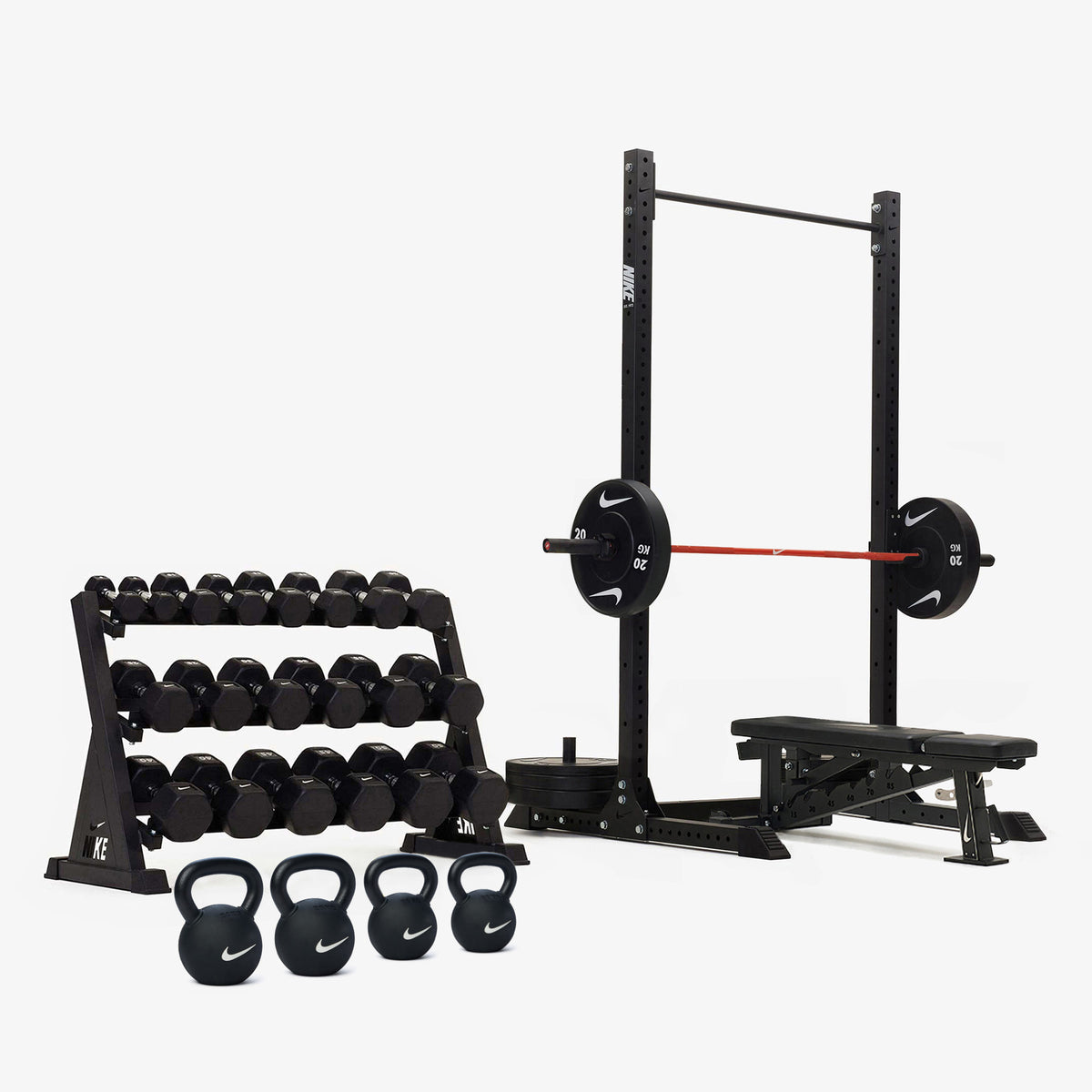 Nike Squat Rack / Black/White Dumbbells + Plates / 15 kg Orange SWOOSH