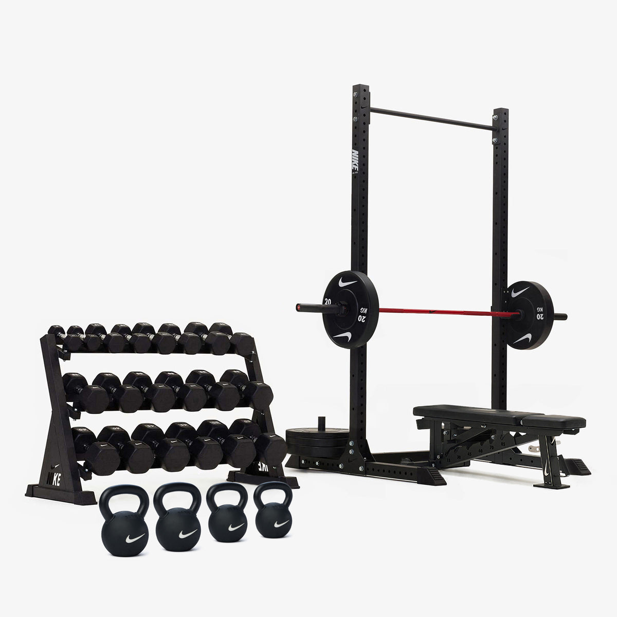 Nike Squat Rack / Black/White Dumbbells + Plates / 20 kg Red SWOOSH