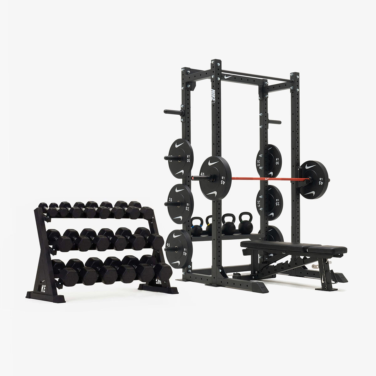 Nike Half Rack / Black/White Dumbbells + Plates / 15 kg Orange SWOOSH