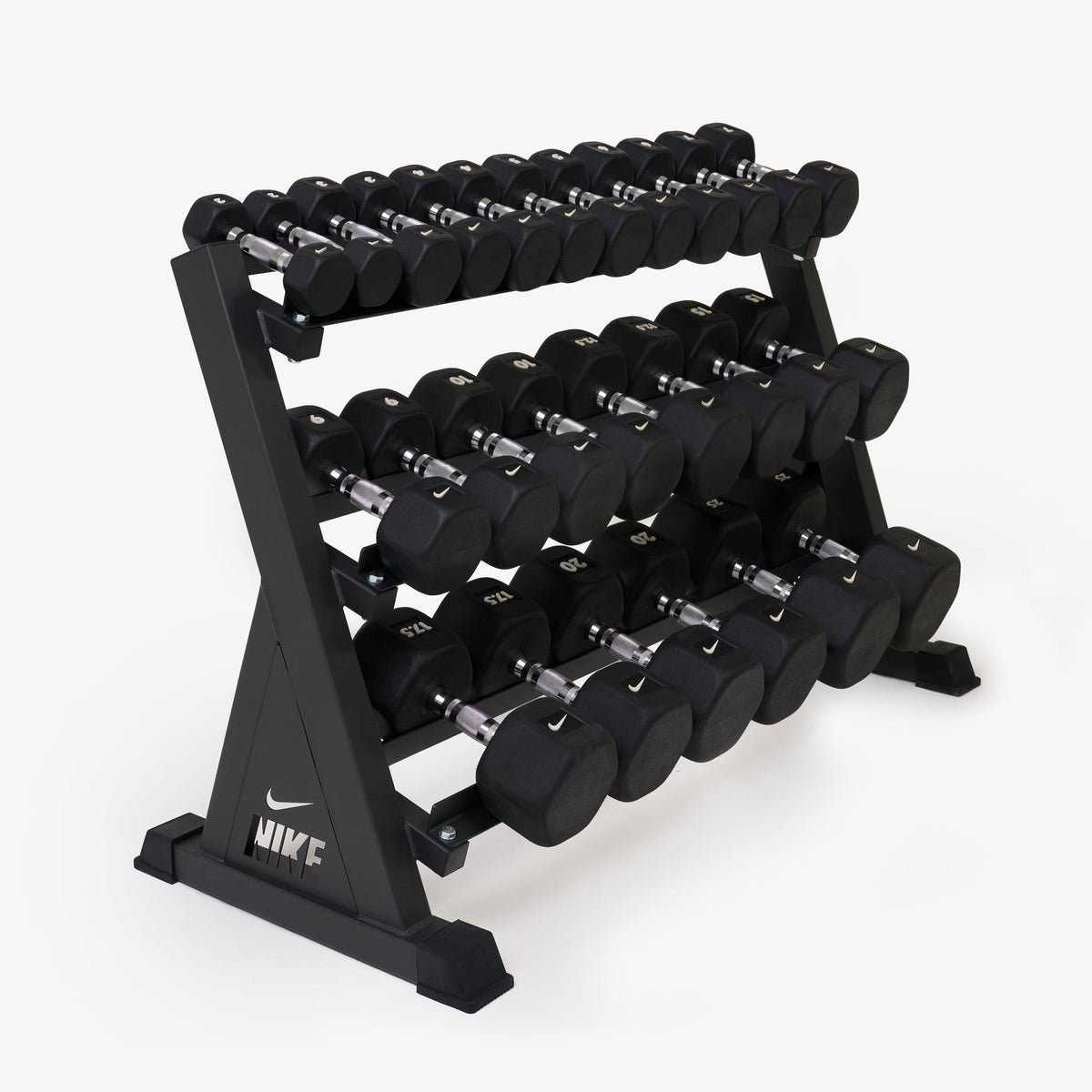Nike Squat Cage / Black/White Dumbbells + Plates / 15 kg Orange SWOOSH | Nike Squat Rack / Black/White Dumbbells + Plates / 20 kg Orange SWOOSH | Nike Squat Rack / Black/White Dumbbells + Plates / 20 kg Red SWOOSH | Nike Squat Rack / Black/White Dumbbells + Plates / 20 kg Black ("Just Do It") | Nike Squat Rack / Black/White Dumbbells + Plates / 15 kg Orange SWOOSH